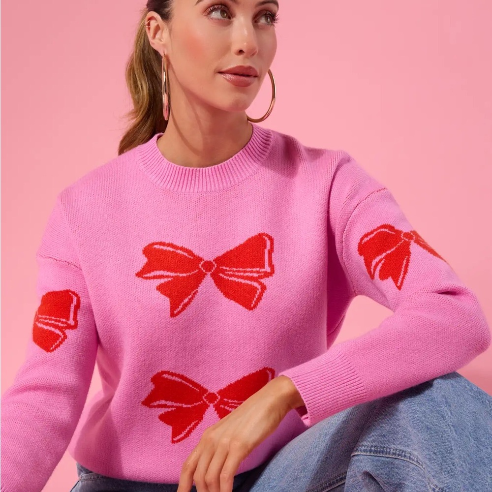 THML / AVARA Pink Sweater with Red Bow Accents - NWT size XL